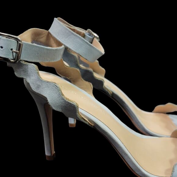 Loeffler Randall Reina Heel Blue Sandals Ankle Strap Leather Wavy Scalloped 8.5 - Picture 15 of 15